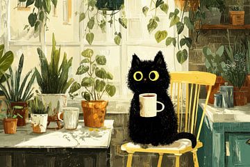 Black cat with teacup by Erika Kaisersot