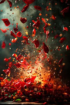 Explosion of red peppers in action by Poster Art Shop