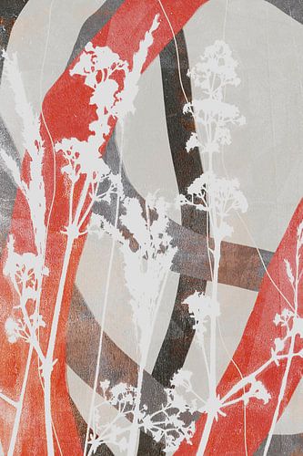 Abstract Retro Botanisch. Bloemen en gras in wit, beige, oranje, bruin
