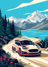 Rallye-Auto auf einer Bergstraße neben einem türkisfarbenen Bergsee von Adam Khabibi