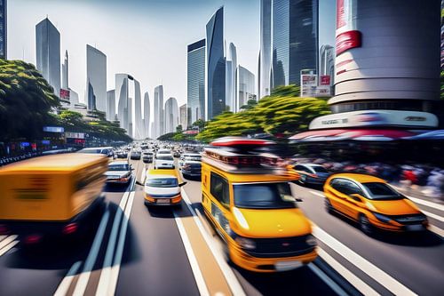 Hectic city street with skyscrapers