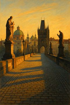 Prague Morning Glow: Empty Bridge and Golden Light by Travel Shop