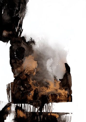 Abstracte compositie in zwart en goud | Moderne expressieve kunstprint van Ela Szczepaniak