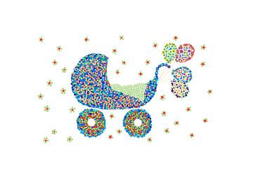 Digital art in the style of pointillism CHILD'S CARRIER WITH BALLONS in the colours blue, green red and yellow by Studio Spanjersberg