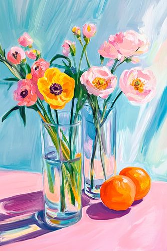 Lentebloesems en oranje stillevens