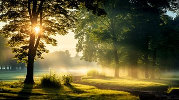 Goldener Sonnenaufgang im nebligen Laubwald von Vlindertuin Art