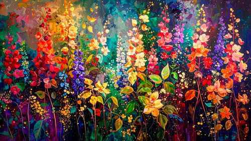 Uitbundige Zomerse bloementuin in warme kleuren.