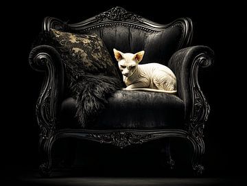 Ruhe auf dem Thron | Weiße Sphynx auf schwarzem Sessel von Karina Brouwer