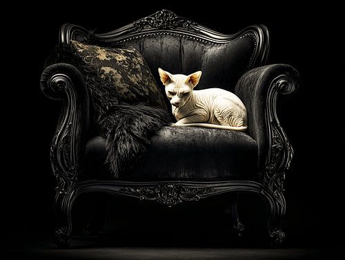 Ruhe auf dem Thron | Weiße Sphynx auf schwarzem Sessel von Karina Brouwer