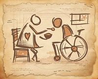 Soignante &amp ; personne en fauteuil roulant. Art de croquis vintage. Soins aux personnes âgées / soins infirmiers.