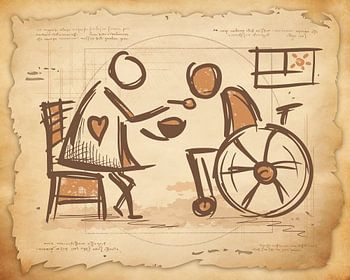 Pflegerin & Person im Rollstuhl. Vintage Skizzen-Kunst. Altenpflege / Krankenpflege.