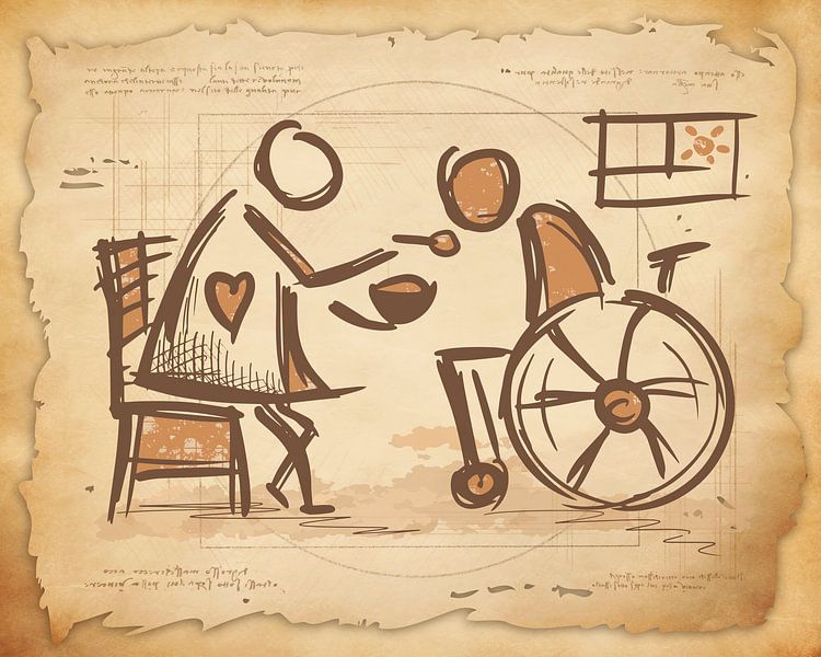 Soignante &amp;amp ; personne en fauteuil roulant. Art de croquis vintage. Soins aux personnes âgées / soins infirmiers. par SergeivoArt