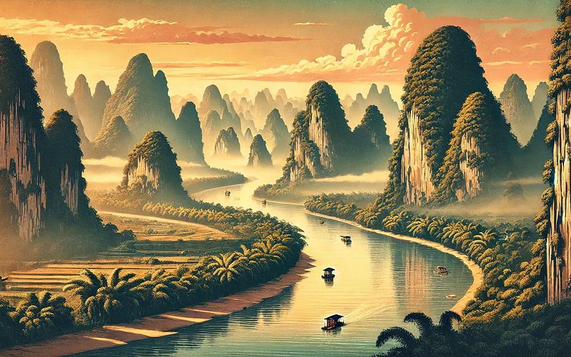 Poster vintage de Chine, Guilin Karst Mountains par Chromatic Fusion Studio