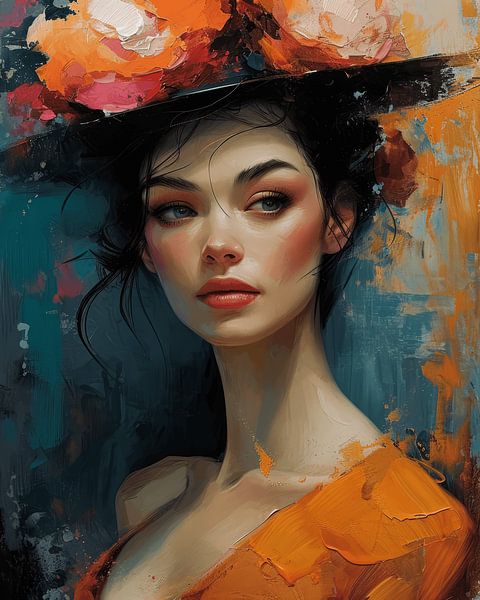 Modern portrait &quot;The lady with the hat&quot; by Carla Van Iersel