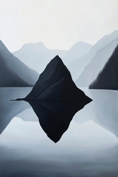 Bergspiegel im Nebel – Schwarz-Weiß-Motiv von Poster Art Shop