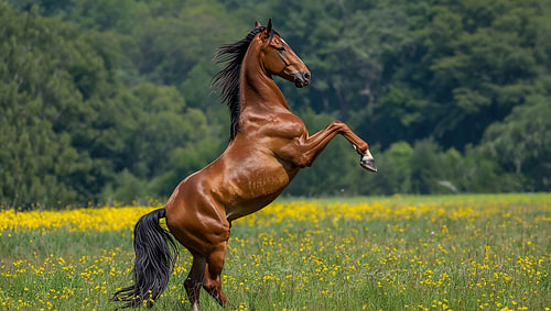 A horse rearing up in a meadow