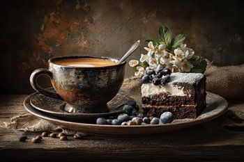 Kaffee mit Schokoladenkuchen - Rustikales Frühstücksstillleben