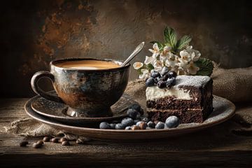 Koffie met Chocoladetaart - Rustiek Ontbijt Stilleven van Joriali fotografie en schilderijen