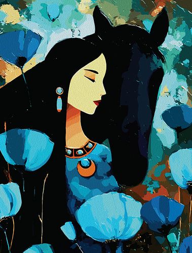 Dromerige turquoise vrouw en paard - Emotionele bloemen fantasie kunst