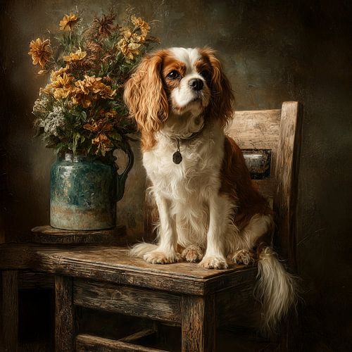 Cavalier King Charles-spaniël op een houten stoel