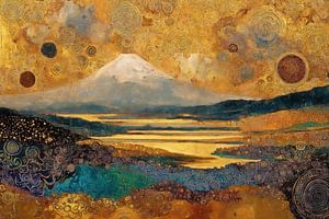 Goldene Landschaften mit Berg und Fluss