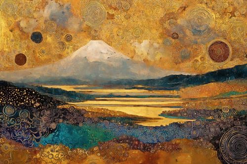 Goldene Landschaften mit Berg und Fluss