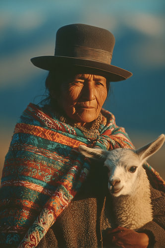 Style Kodachrome : femme des Andes avec un bébé lama au Pérou