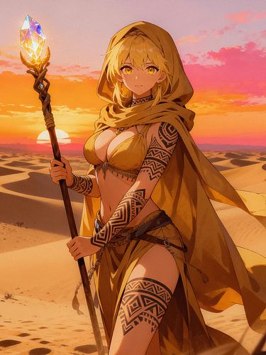 ANIME Wüstenmagierin – Stammes-Sonnenmagierin Kristallstab Oase Sonnenuntergang von Minggu Galeri