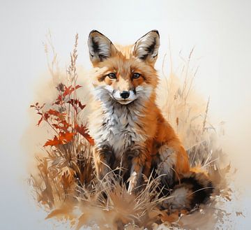 Aquarell eines jungen Fuchses im hohen Gras