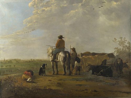 Een ruiter met een koeherder en twee jongens in een wei, en zeven koeien, Aelbert Cuyp