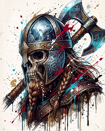 Wikinger-Krieger mit Totenkopf und Streitaxt