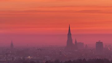 Ulm cathedral and the city of ulm in the morning at sunrise with fog