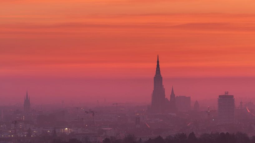 Ulm cathedral and the city of ulm in the morning at sunrise with fog by Daniel Pahmeier