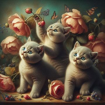 3 brits korthaar kittens spelen met bloemen van Bernhard Karssies