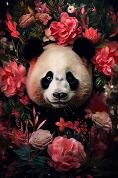 Panda omringt door bloemen van Digitale Schilderijen