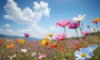 Een bloemenveld met een blauwe lucht op de achtergrond