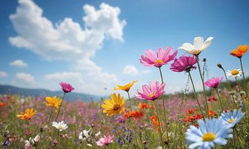Een bloemenveld met een blauwe lucht op de achtergrond