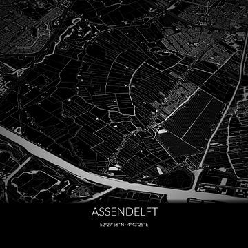 Carte en noir et blanc d'Assendelft, en Hollande du Nord. sur Rezona
