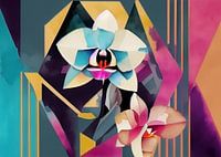 1920 KuCubism Orchidee bloemen met geometrische achtergrond