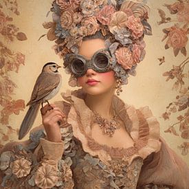 Portrait surréaliste avec fleurs et oiseau sur But First Framing