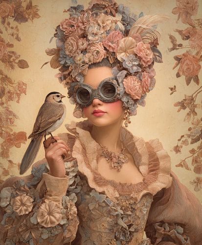 Portrait surréaliste avec fleurs et oiseau sur But First Framing