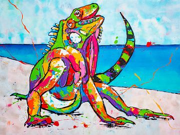 iguane souriant sur la plage sur Happy Paintings
