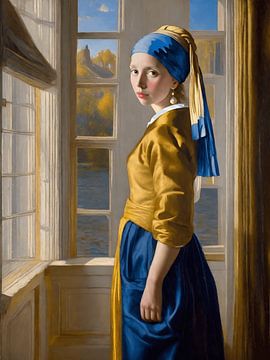 Een modern portret van meisje met de parel geïnspireerd door Johannes Vermeer van Jolique Arte