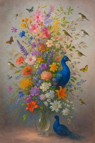 Colour Explosion in Bloom - Botanical Wall Decoration with Peacocks and Birds