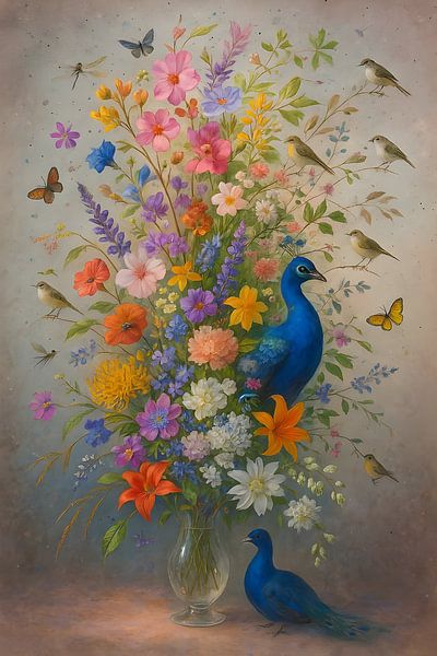 Colour Explosion in Bloom - Botanische Wanddekoration mit Pfauen und Vögeln von Diya Dubois