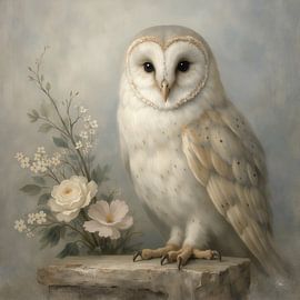 Whispering Stillness – witte uil met bloemen in zachte stijl van Kleurenrijk