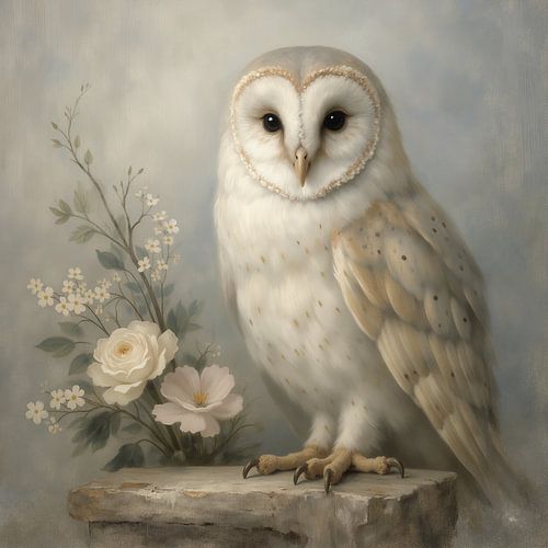 Whispering Stillness – witte uil met bloemen in zachte stijl
