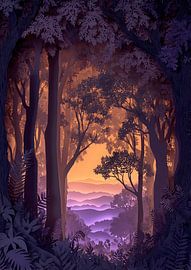 Forêt mystique avec vue sur les montagnes au crépuscule