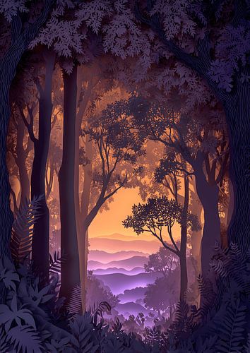 Forêt mystique avec vue sur les montagnes au crépuscule