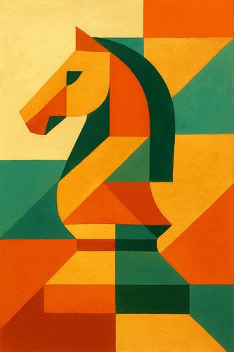 Geometrisch schilderij van schaak paard.